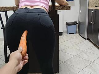 Hey, my hot sister-in-law craves a big cock, teasing her with a carrot in the ass!