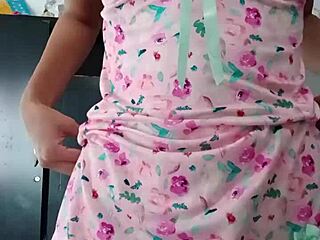 My innocent colleague is copying my sexy pink pajamas
