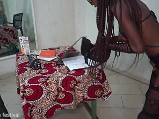 African secretary removes her clothes in front of boss due to forgotten costume, revealing skinny body.