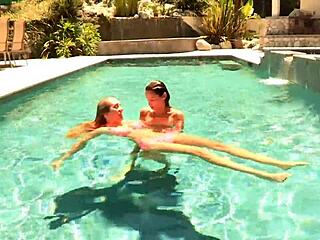 two hot lesbian lovers kiss passionately, lick wet pussies, rip clothes, and fuck in a quickie.