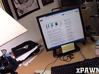 Pretty babe with glasses fucks broker wildly at work!