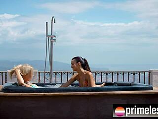 Petite beauties in jacuzzi, bubbles glisten on nipples