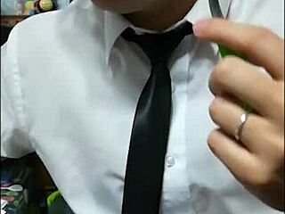 The hot beauty got a portion of cum on her tie