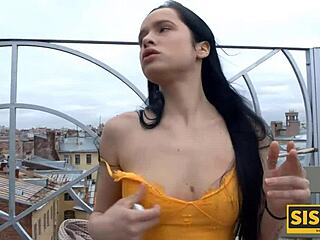 Russian guy fantasizes about fucking step sister, then bends her over for shaved pussy