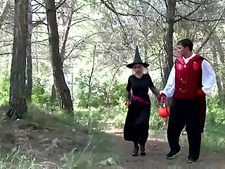 Two Guys and Blonde Chick Skip Costume Party to Fuck Outdoors