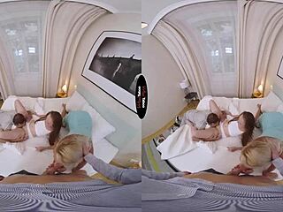 Blonde and brunette give blowjob and handjob in pov taboo celebration