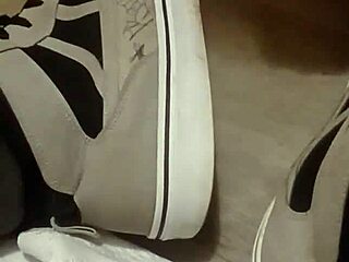 Friend has fun trashing my sneakers in fetish play