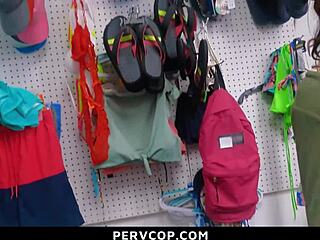 innocent teen steals merchandise at shop but gets caught bent over in doggystyle garage fuck by pervcop at work