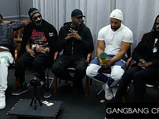 The sexy blonde babe has fun by being lifted and fucked in the air during a gangbang