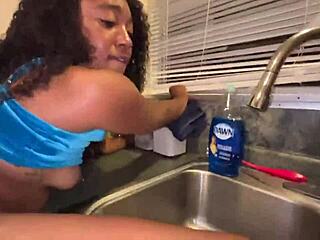 Hot ebony teen fucks stepdad in kitchen riskily.