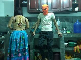 25-year-old man masturbates big cock from flaccid to erect in kitchen.