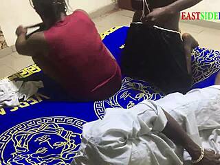 Threesome with chubby milf and young ebony pounded hard on shared bed
