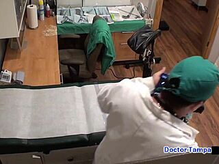 daddys little brunette with natural tits and latex gloves backstage