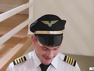 Pilot brings tgirl flight attendant home for intense bareback anal action
