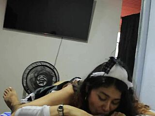 the hotel maid uses her huge tits to get cum in her mouth from guests