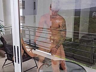 latina interacts with building manager suggestively