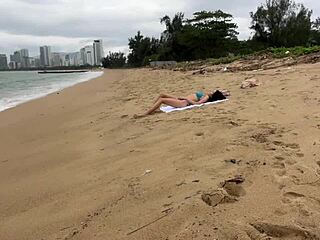 babe can i cum on your tits - public cock flashing on the beach