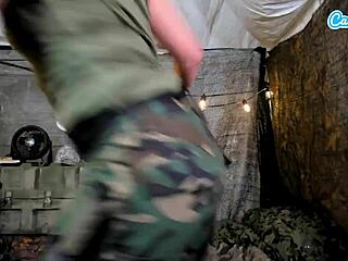 sexy horny soldier fingers shaved pussy in tent