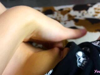 Pretty girl next door orgasms through pajamas while watching porn