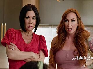 redhead cougar scissoring with vibrator control from step mom in lesbian 4some