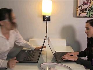 Brunette Sinn Sage and her lover Georgia Jones feel intense passion scissoring with pants on