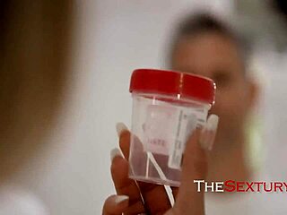 Nurse with big tits helps donors at sperm bank by spitting and cumming in threesome!