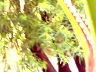 Dillion Harper bends over doggystyle for tanned brunette blowjob and deepthroat on huge cock with cumshot outdoors.