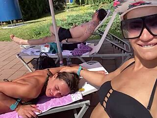 Horny Shaved Lesbians Kiss And Lick Tight Pussies At Aquapark