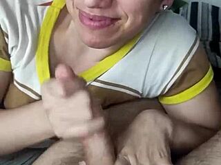 couple enjoys quickie blowjob with cum licking and handjob in high definition