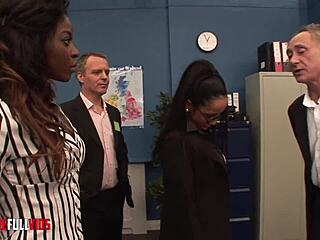 Hot Ebony And Busty Brunette Fucking At The Office After An Interview
