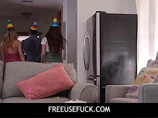 Hot teen step sisters threesome with stepdad on birthday.