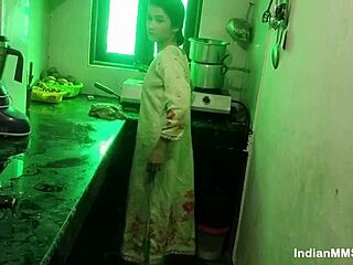 watch that skinny Indian maid get fucked hard in the kitchen, blowjob leading to hot sex.