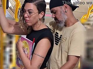 slutty student flashing on the bus gets a cumshot