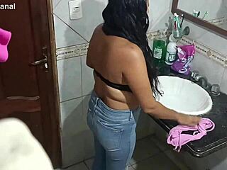 Sister-in-law catches slut in bathroom with brother-in-law anal creampie