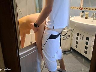 brunette cleans bath while getting fucked by big cock