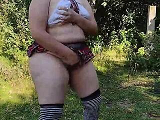 Exhibitionist whore masturbates her big ass and saggy tits wherever she wants.