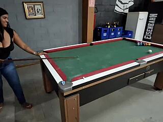 She takes a hard fucking in her ass on the pool table outdoors.
