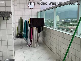 Latina maid teases with her beautiful ass in tight shorts, provoking intense desire