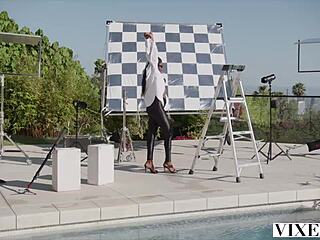 Ebony model Nicole Kitt licks balls, gets spanked and fingered in lingerie