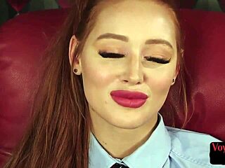 Bold Redhead Babe Watches Wanker Masturbate In Heels And Stockings.