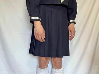 Asian in Sailor Uniform Gets Sexy Lingerie and Anal Plug Inserted