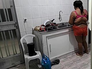 Brazilian Milf Stepmother Moaning While Riding Stepson's Cock in Kitchen, Gets Big Cumshot on Ass
