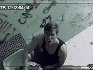 Hot brunette milf takes cock in the toilet for blowjob and cumshot!