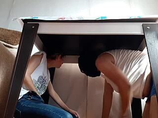 girls hide under table to masturbate away from stepparents.