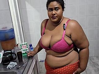Brazilian Milf Stepmother Moaning While Riding Stepson's Cock in Kitchen, Gets Big Cumshot on Ass