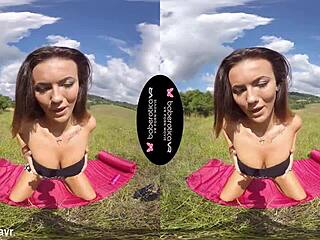 Solo brunette Vanessa Decker with tattoos masturbates using toys in an outdoor VR setting.