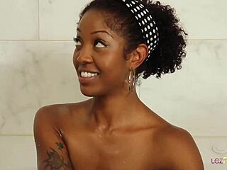 busty black lesbian and tall ebony girl use big dildo intensely