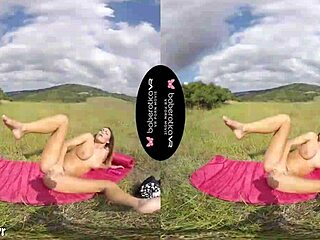 Solo brunette Vanessa Decker with tattoos masturbates using toys in an outdoor VR setting.