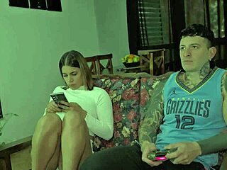 my stepsister grabs my cock while i play and we do anal creampie