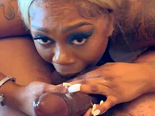 Pretty ebony face loves sucking big cock and swallowing cum in pov